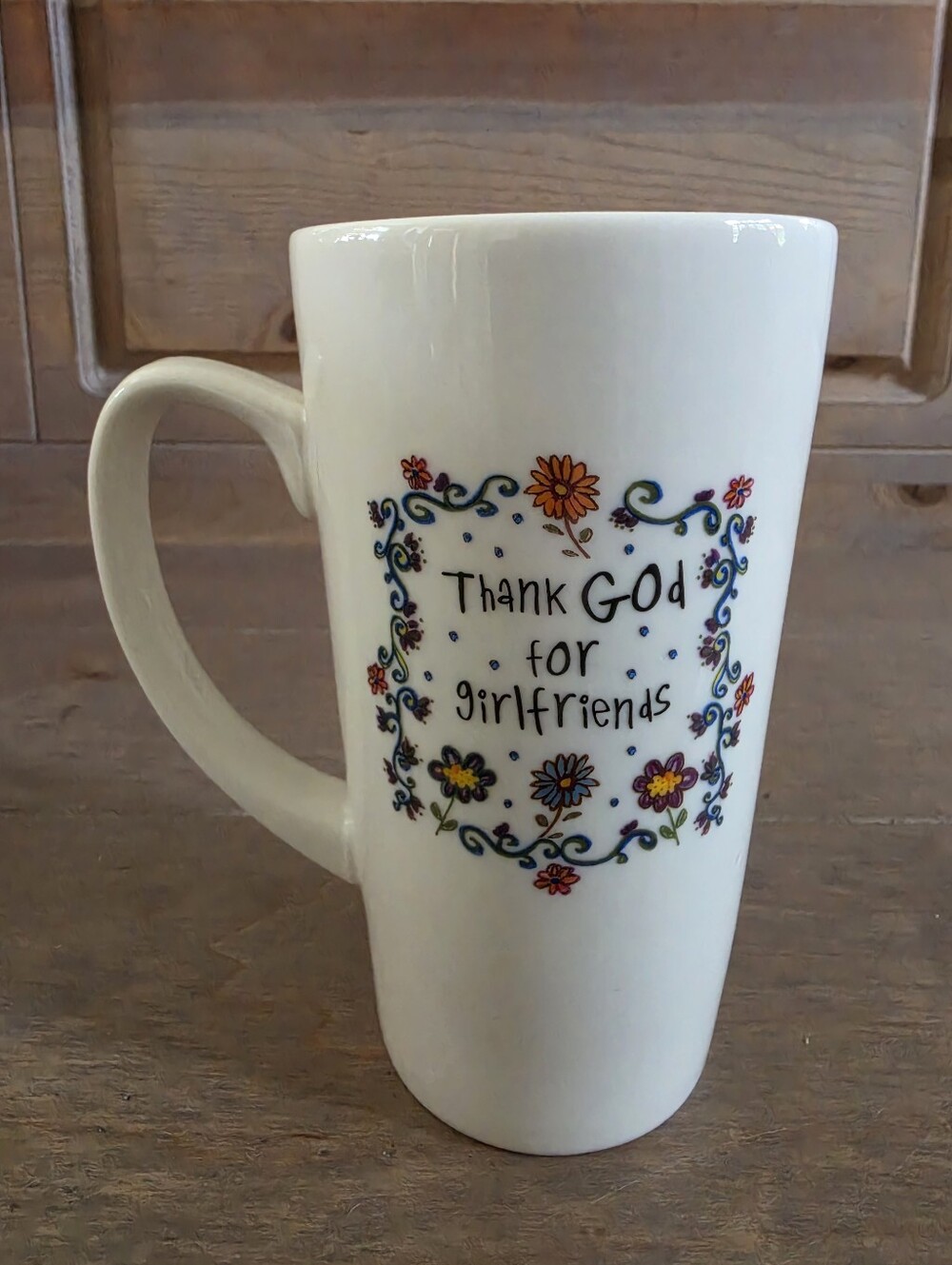 NATURAL LIFE White Ceramic With Floral Border 'Thank God for girlfriends' Mug